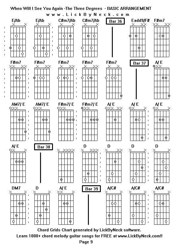 Chord Grids Chart of chord melody fingerstyle guitar song-When Will I See You Again -The Three Degrees  - BASIC ARRANGEMENT,generated by LickByNeck software.